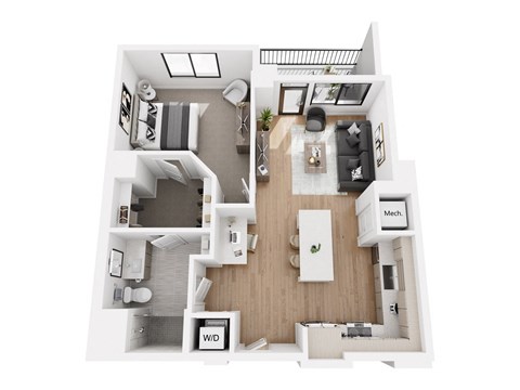 a stylized floor plan with a bedroom and a living room